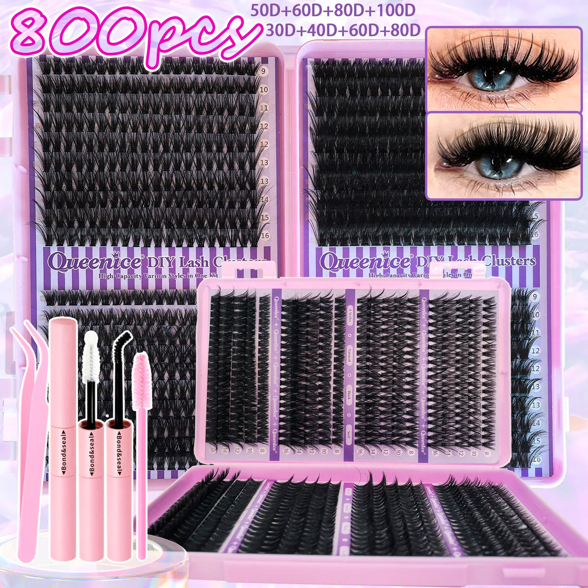 QUEENICE Lashes Cluster DIY Lash Extension Mixed Tray Clusters Eyelashes Fluffy Individual Lashes Cat Eye Lash Extension